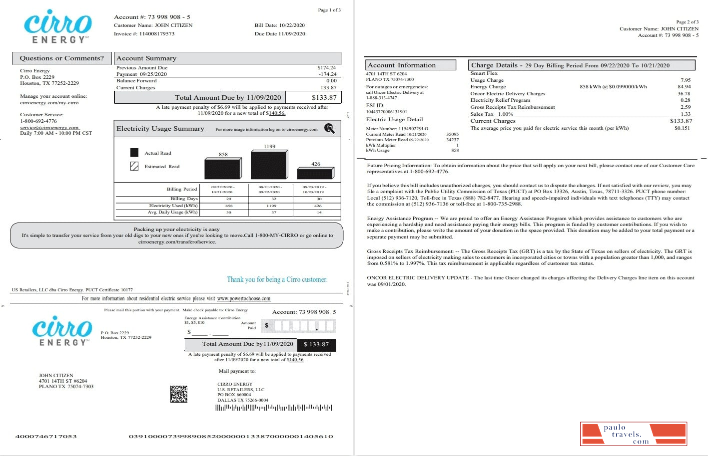 USA Texas Cirro Energy utility bill template in Word and PDF format (3 pages) 1 2